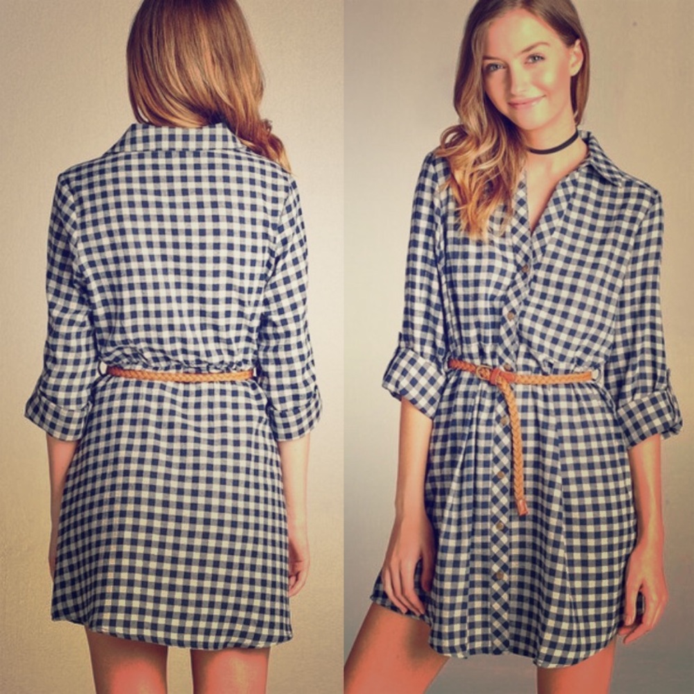 🆕 Belted Button Up Plaid Mini Shirt Dress